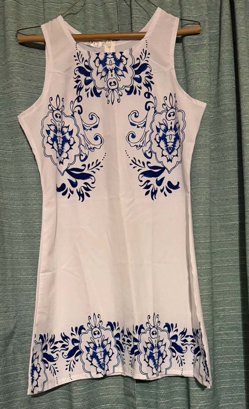 MSANI White and Blue Porcelain Floral Print Sleeveless Mini Dress Festive Size X